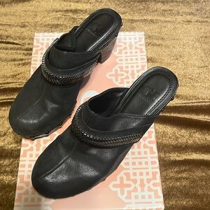 Gianni Bini, black leather clogs with silver accents. Like New #, size 8.